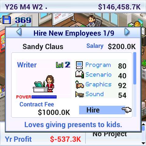 Game dev story, okno zatrudniania pracowników